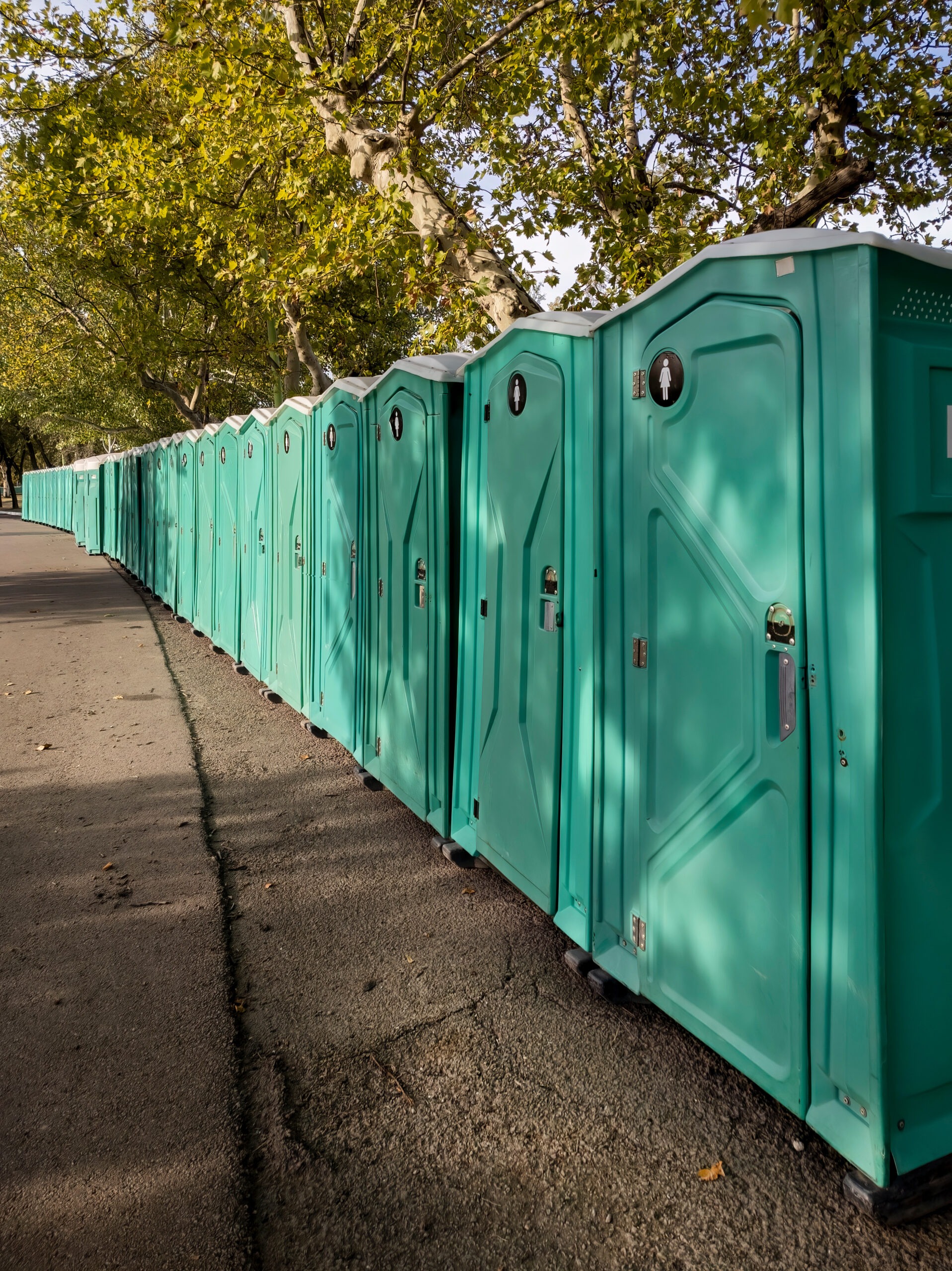 group of transportable chemical toilets installed in a row outdoors for a public event